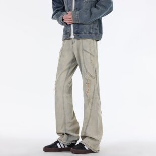 水洗美式分割线黄泥染牛仔裤男女秋季潮牌设计感微喇裤宽松休闲裤