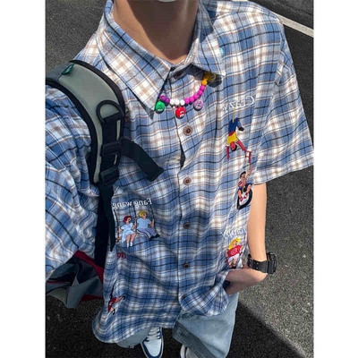 美式复古格子短袖衬衫
