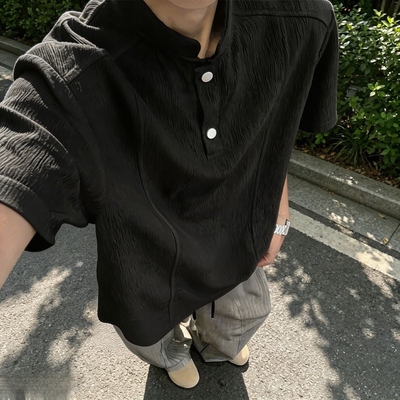 老钱风夏季亨利领针织短袖T恤