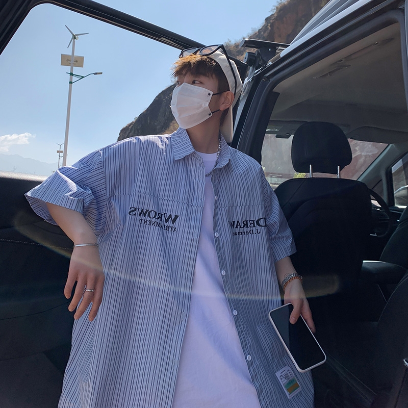 条纹短袖衬衫男夏季潮牌