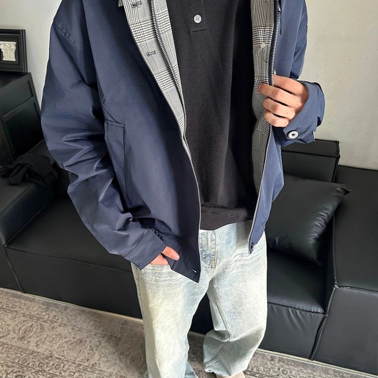 藏青色格纹拼接外套男款秋季