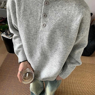 灰色美式亨利领毛衣男款
