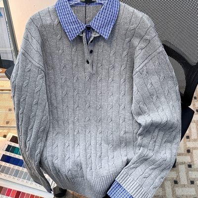 假两件格纹拼接麻花纹毛衣