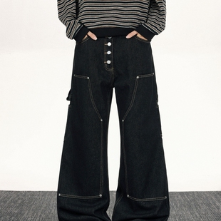 秋季 男款 美式 街头宽松休闲设计感阔腿工装 多纽扣伐木工装 裤 牛仔裤