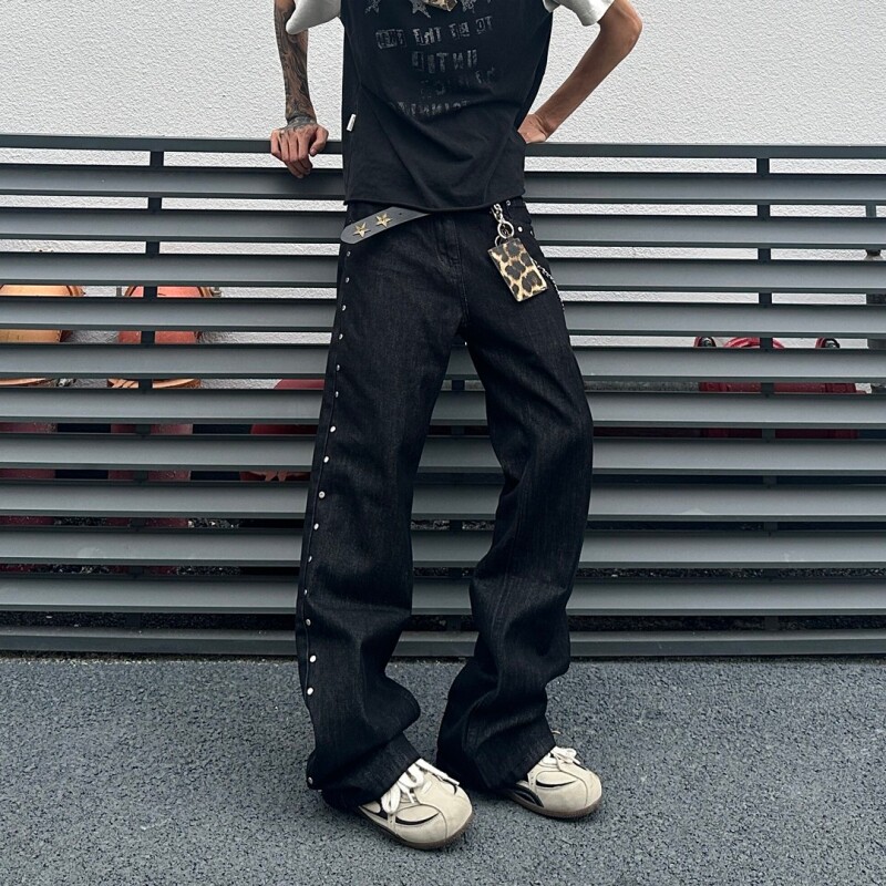美式复古豹纹口袋柳钉黑色牛仔裤男女秋季新款宽松百搭休闲直筒裤