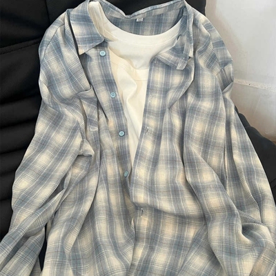 蓝色格子防晒衬衫外套男女款