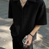 黑色肌理感提花短袖 衬衫 男夏季 美式 痞帅高级感休闲男装 古巴领衬衣