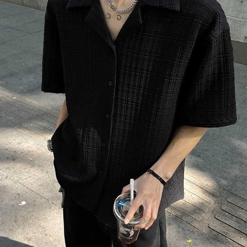 美式黑色肌理感提花短袖衬衫男