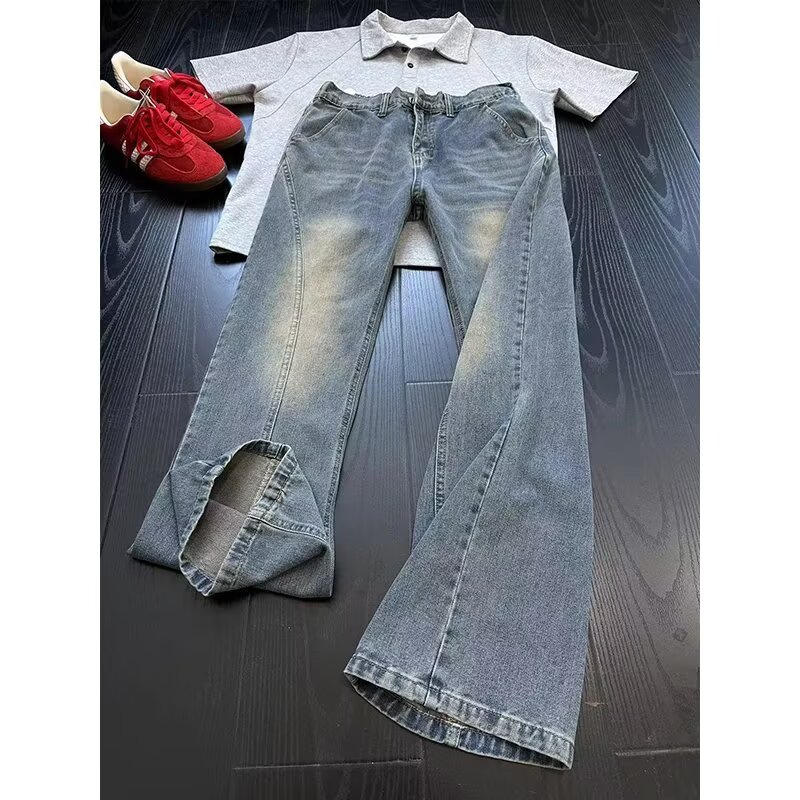 美式复古斜切牛仔裤男