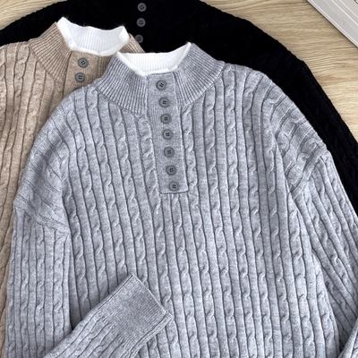 重磅双领拼接假两件麻花毛衣男