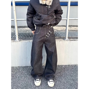 宽松baggy裤 新款 子 男女秋冬季 斜门襟飞机扣原牛直筒微弯刀牛仔裤