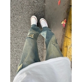 破洞微辣喇牛仔裤 子直筒高街显腿长阔腿裤 男春秋新款 vibe堆积感裤