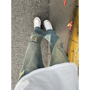 破洞微辣喇牛仔裤男春秋新款vibe堆积感裤子直筒高街显腿长阔腿裤