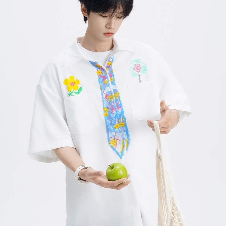 手绘涂鸦印花短袖衬衫男款