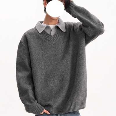 老钱风假两件V领毛衣男秋冬