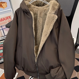 冬季两面穿毛绒座山雕棉衣外套男款加厚保暖宽松百搭连帽棉服外套