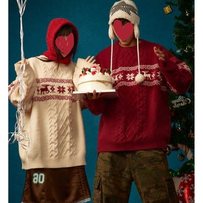美式复古新年红色毛衣男女冬季