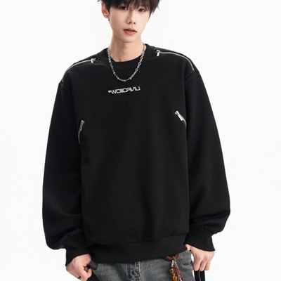 美式金属拉链重磅圆领卫衣男