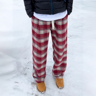 红色美式复古磨毛格子裤男款秋冬季款加厚微喇裤子垂感直筒休闲裤
