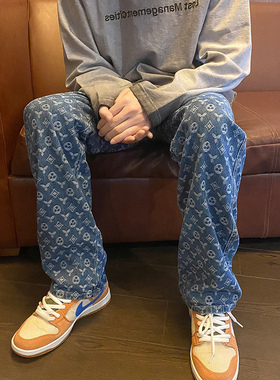 美式vibe风裤子高街潮ins设计感满印提花牛仔裤复古hiphop直筒裤