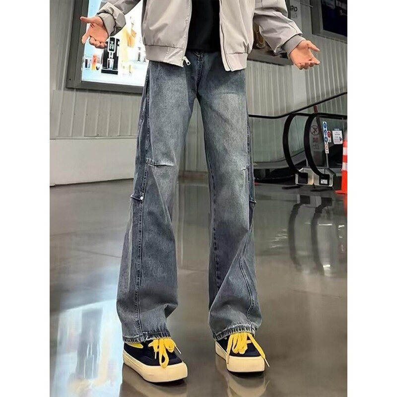蓝色解构铆钉工装牛仔裤男款cleanfit美式潮牌伐木裤直筒微喇长裤