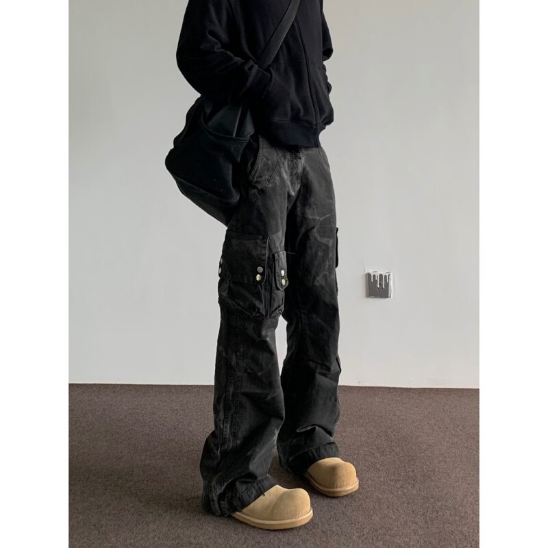 美式cleanfit重磅扎染多口袋工装裤男女dirtyfit直筒微喇叭牛仔裤