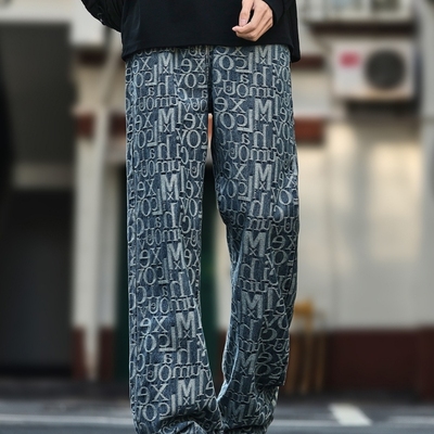 美式字母提花满印微喇牛仔裤