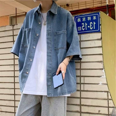 港风日系牛仔衬衫男短袖夏季