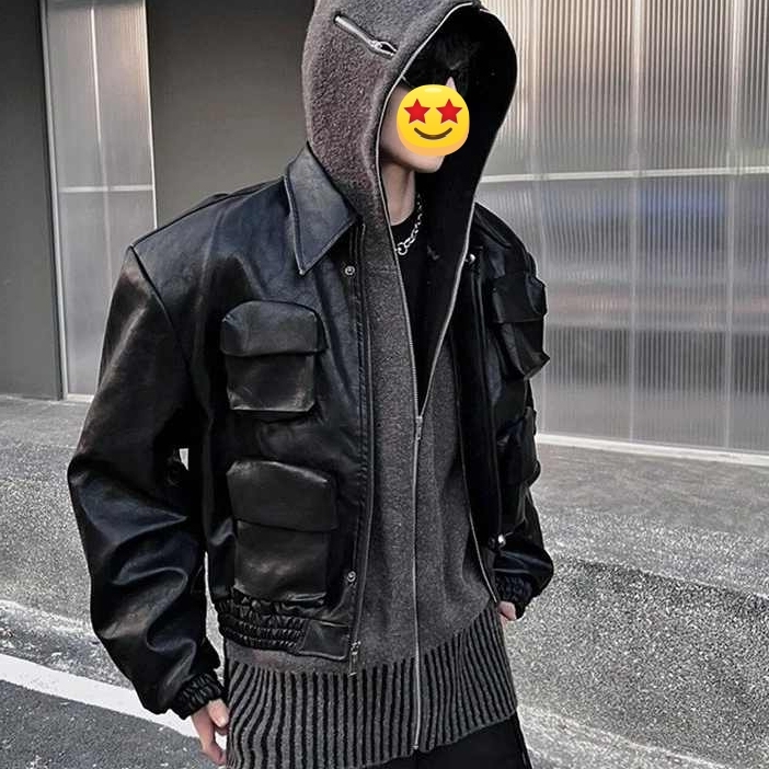 廓形短款皮夹克男女多口袋