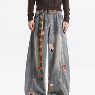 小众解构刺绣阔腿弯刀裤 美式 情侣款 男女秋季 子 复古格纹腰带牛仔裤