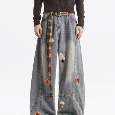 美式复古格纹腰带牛仔裤