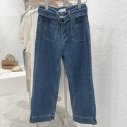 Mùa thu 2019 mới của phụ nữ Hàn Quốc in lưới đỏ siêu cao eo denim quần dài có đai rộng quần ống rộng - Quần jean