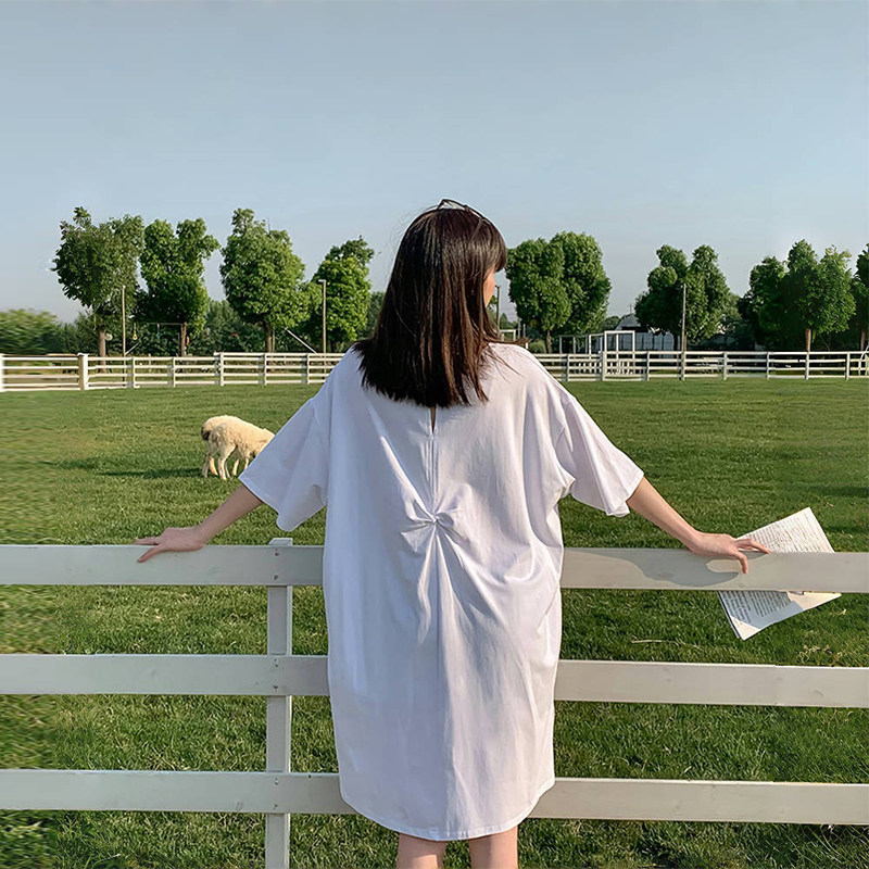 大码t恤女中长款过膝t恤裙大领口后背开叉设计感夏季超宽松短袖女