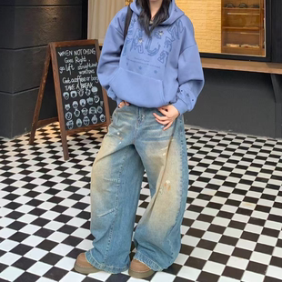 美式复古做旧黄弯刀水洗牛仔裤男女百搭街头宽松廓形堆积感裤子潮