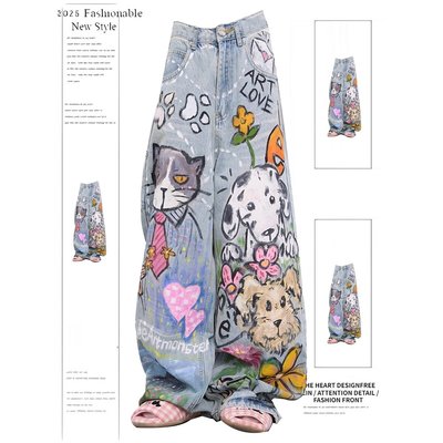 美式复古趣味猫狗手绘涂鸦牛仔裤男女秋冬新款高腰宽松直筒阔腿裤