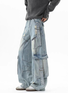重工解构飘带工装裤男女冬美式多口袋破洞牛仔裤高街设计感阔腿裤
