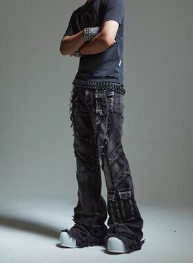 2025高街新款【重工朋克】水洗毛边多口袋设计感喇叭裤宽松直筒长