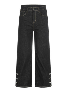 美式复古黑色设计感飞机扣cleanfit宽松休闲直筒阔腿牛仔裤男女