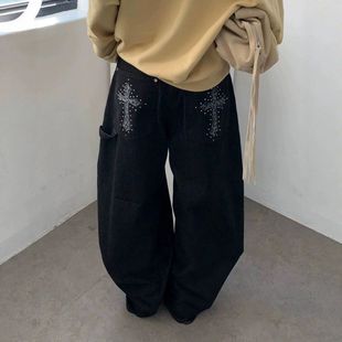 豹纹十字架口袋牛仔裤男女韩国宽松阔腿直筒钻石点缀减龄休闲长裤