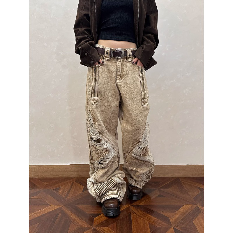 美式重工重磅鹿晗演唱会同款破洞杏色牛仔裤男女春秋高街弯刀裤子