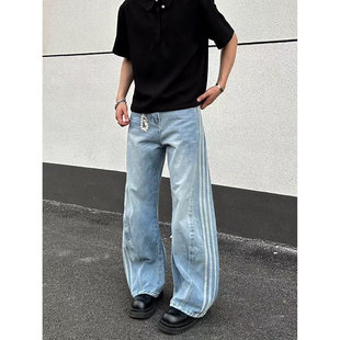 美式复古水洗条纹三条杠弯刀牛仔裤男女街头宽松休闲阔腿堆积长裤