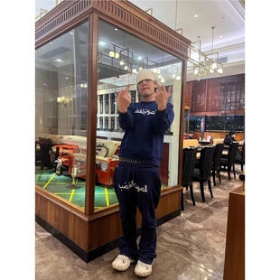 阿拉伯文刺绣设计感藏蓝微喇裤显瘦运动百搭休闲裤长裤卫裤男女潮