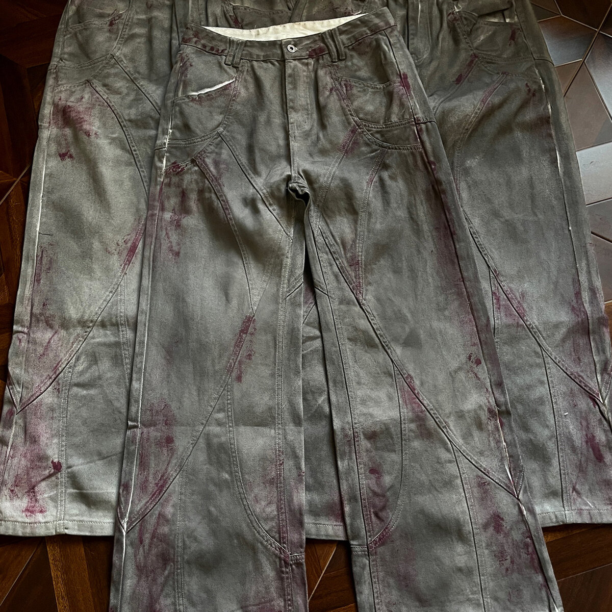 血染锈刃美式废土风做旧脏脏裤解构设计直筒微喇牛仔裤子男女潮牌