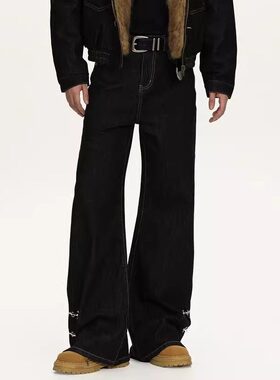 美式vibe复古宽松直筒黑色飞机扣设计感原牛牛仔裤男女长裤子潮牌