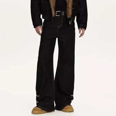 美式vibe复古宽松直筒黑色飞机扣设计感原牛牛仔裤男女长裤子潮牌