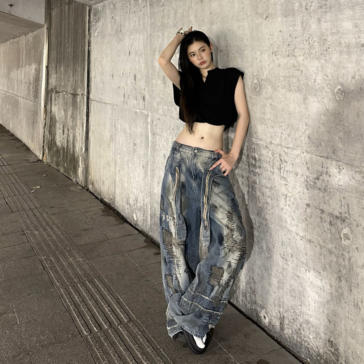 【鹿晗同款】美式高街男脏脏重工刺绣废土风女蓝色百搭情侣阔腿裤