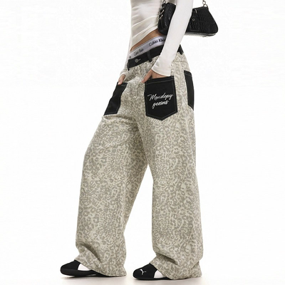 美式复古vibe豹纹牛仔裤男女洗水街头宽松显瘦百搭休闲弯刀裤潮牌