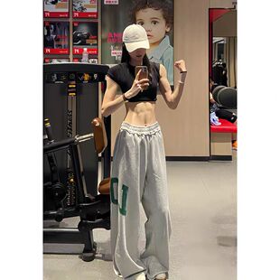 Jennie同款字母灰色卫裤男美式毛边裤子宽松bf慵懒风运动健身长裤