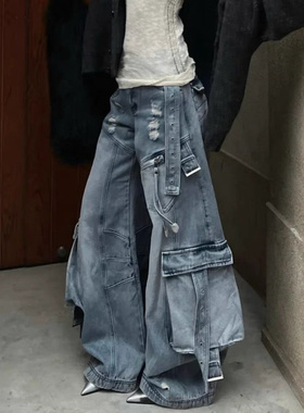 美式高街重工水洗多口袋工装牛仔裤男女新款解构设计感拖地长裤子