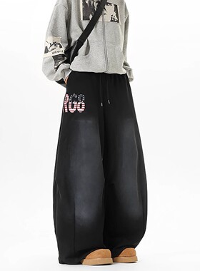 美式街头多巴胺黄色印花卫裤女春秋男女跳舞休闲宽松阔腿拖地长裤